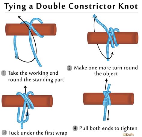 A stronger variation of the constrictor knot, the double constrictor knot comprises of an extra riding turn on top of the basic knot. It is the most secure simple hitch till date. Need emergency repairs on a line? Use the double constrictor knot to stop any unraveling before a permanent repair can be made. How to Tie a Double Constrictor Knot 